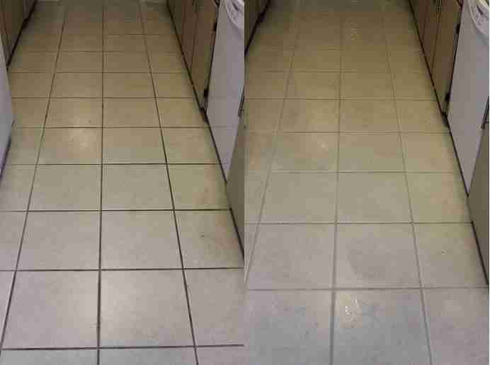 Before and After Side by Side Photo of Light Colored Tiled Kitchen Floors Showing Black Grout Lines Before and White Grout Lines After Professional Tile and Grout Cleaning by Bay Shore Cleaning & Restoration Bay Shore Cleaning & Restoration